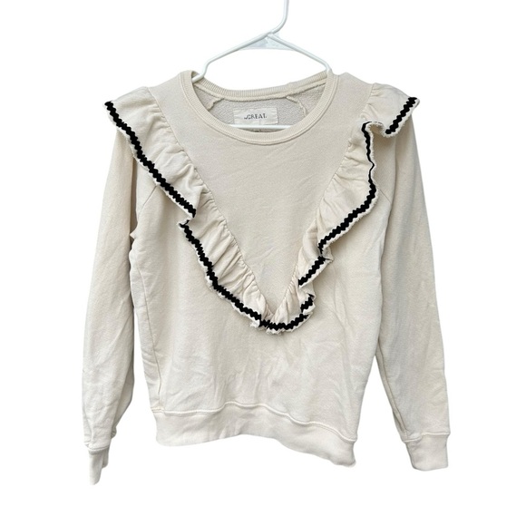 THE GREAT. The Shrunken Ruffle Sweatshirt - Washed White/Cream - Size 0 - Picture 5 of 11